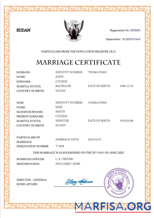 Realistic Sudan marriage certificate Word and PDF template